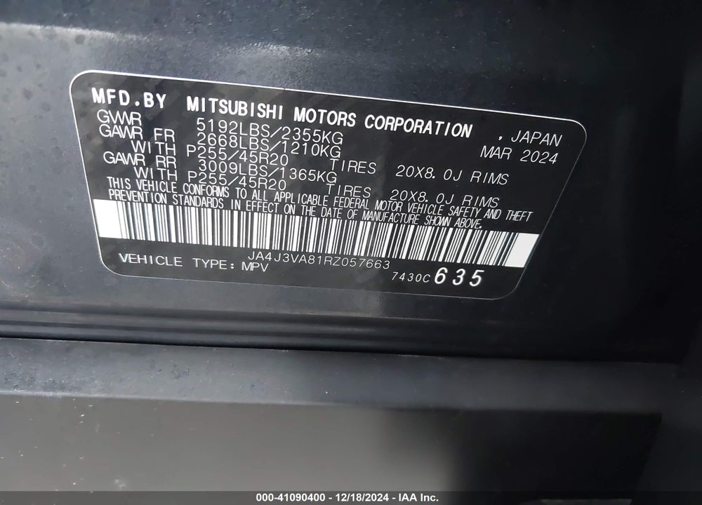 2024 MITSUBISHI OUTLANDER SE 2.5 2WD VIN: JA4J3VA81RZ057663