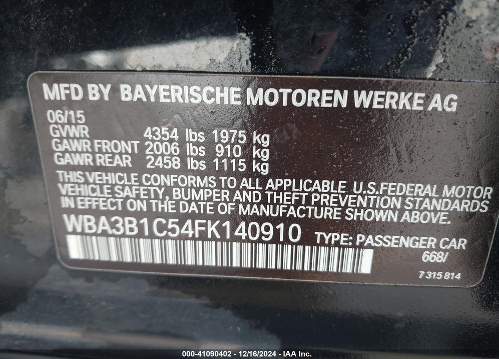 2015 BMW 320I VIN: WBA3B1C54FK140910
