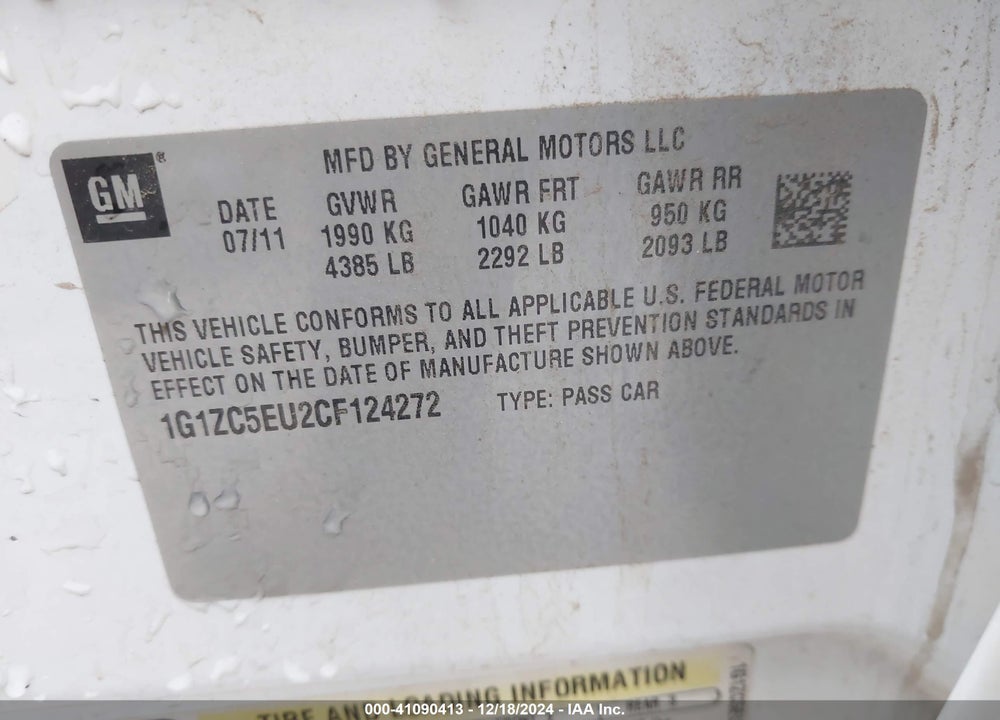 2012 CHEVROLET MALIBU 1LT VIN: 1G1ZC5EU2CF124272