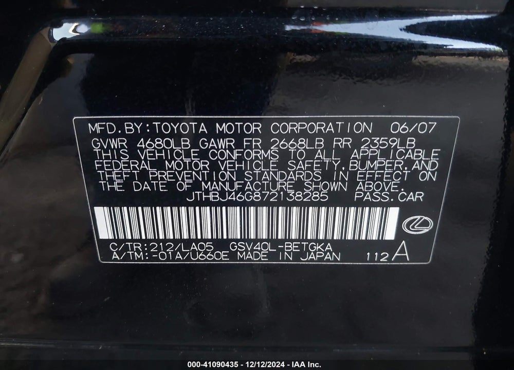 2007 LEXUS ES 350 VIN: JTHBJ46G872138285