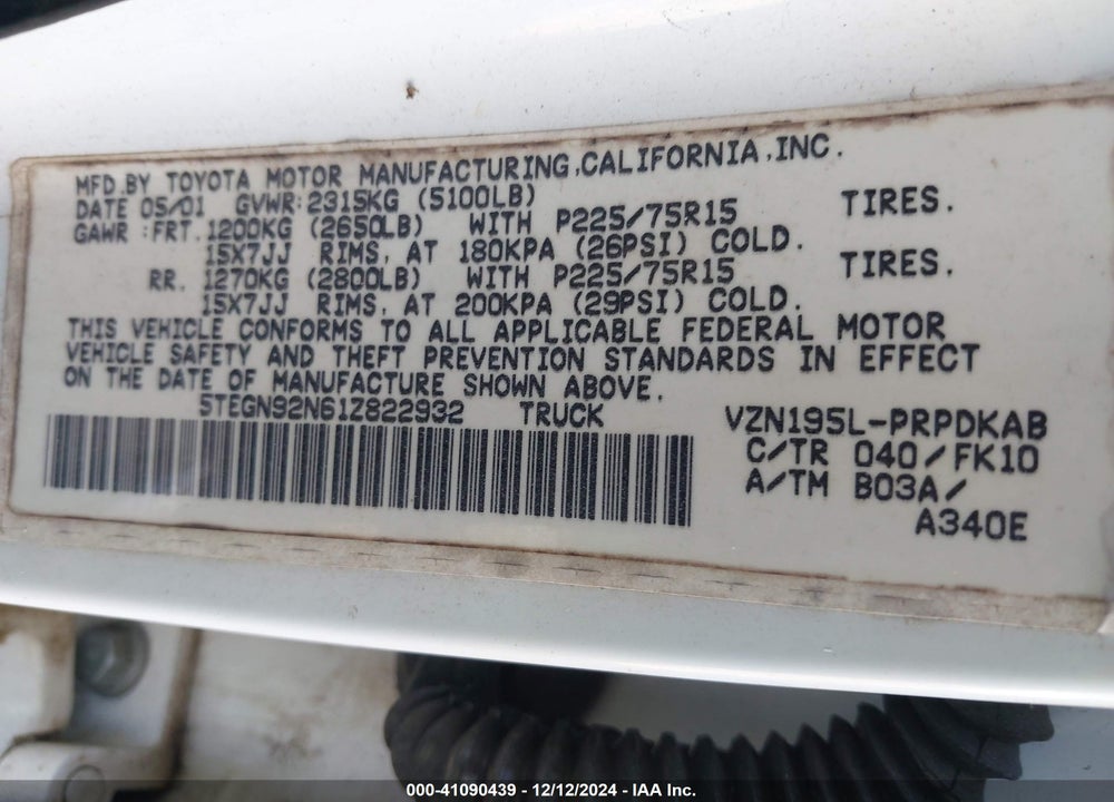 2001 TOYOTA TACOMA PRERUNNER V6 VIN: 5TEGN92N61Z822932