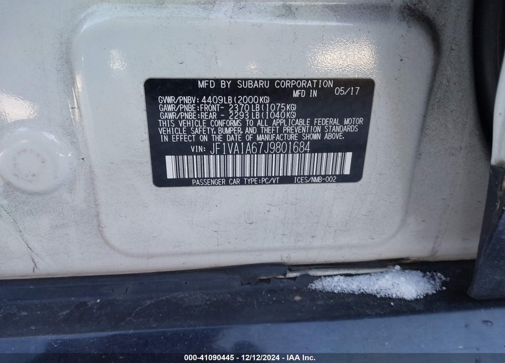2018 SUBARU WRX VIN: JF1VA1A67J9801684