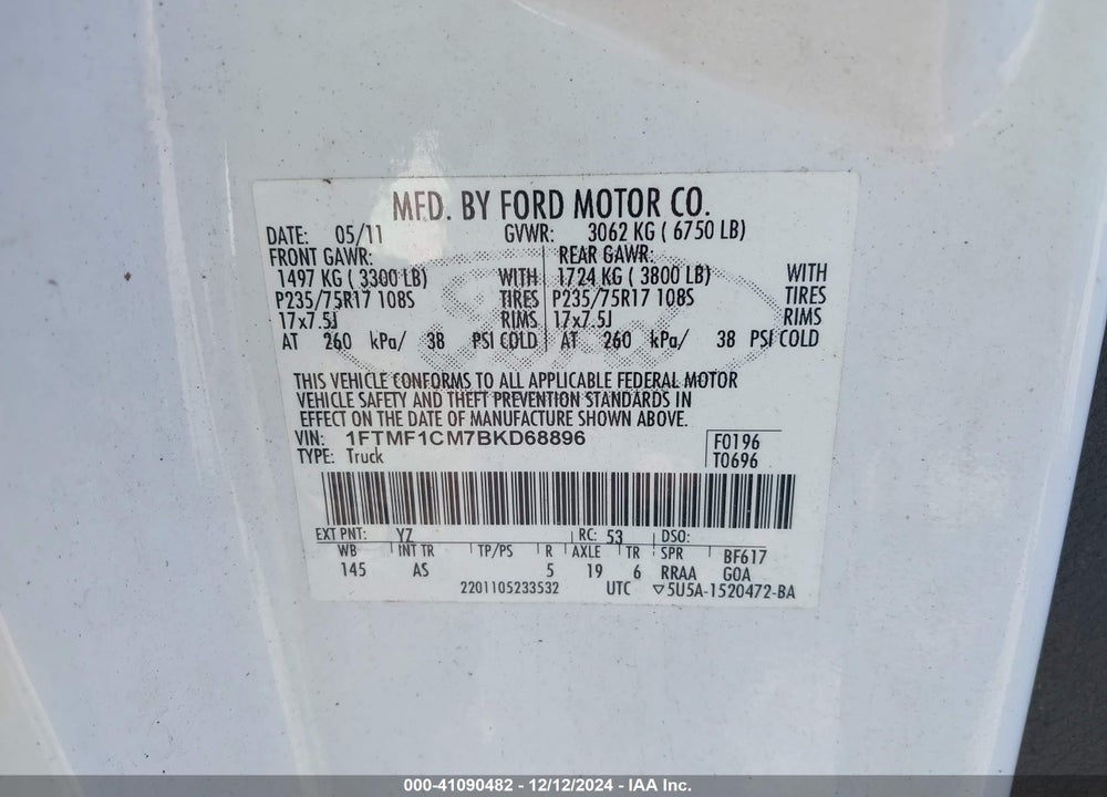 2011 FORD F-150 XL VIN: 1FTMF1CM7BKD68896