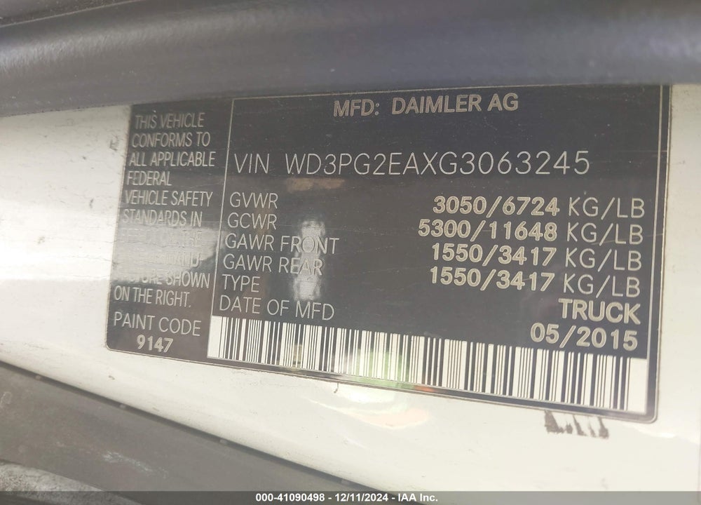 2016 MERCEDES-BENZ METRIS VIN: WD3PG2EAXG3063245