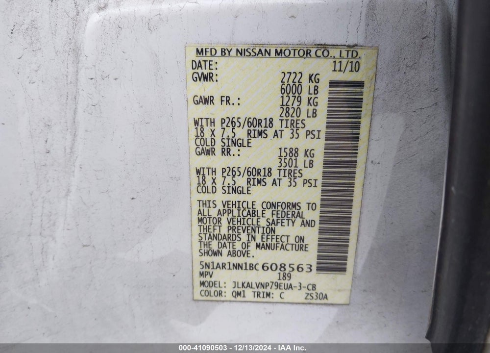 2011 NISSAN PATHFINDER LE VIN: 5N1AR1NN1BC608563