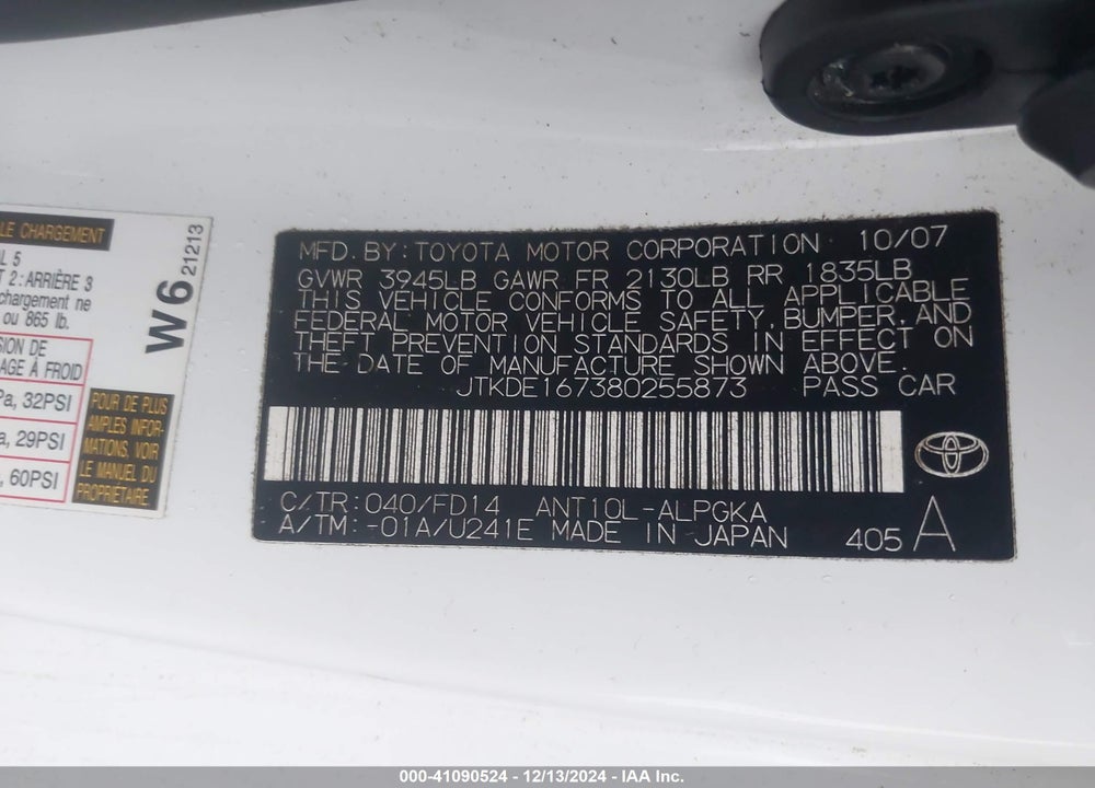 2008 SCION TC VIN: JTKDE167380255873