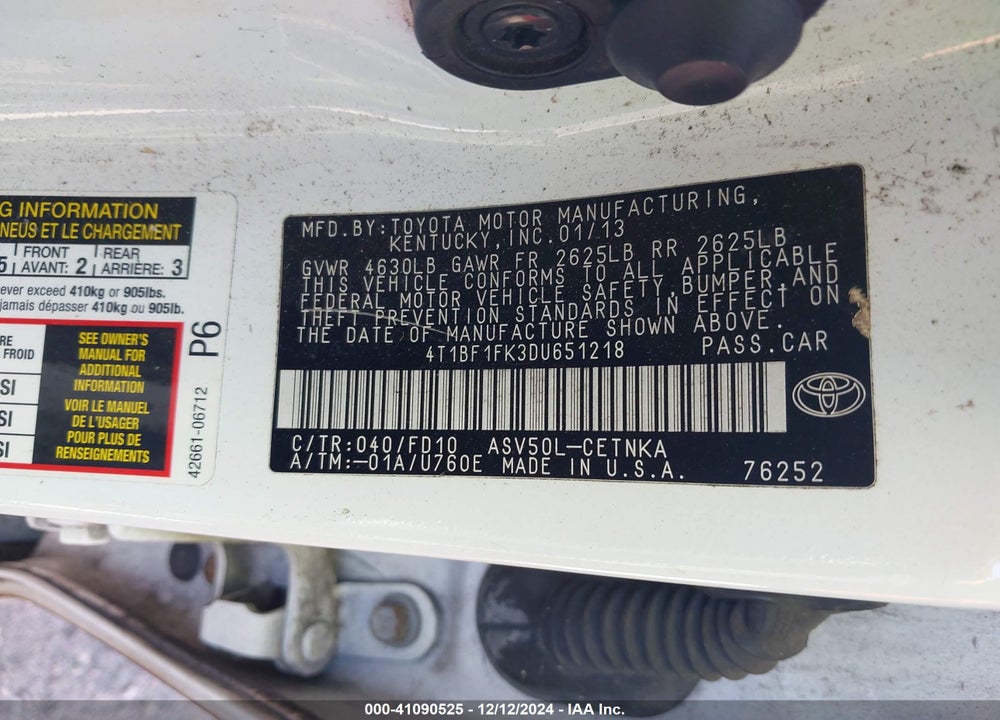 2013 TOYOTA CAMRY LE VIN: 4T1BF1FK3DU651218