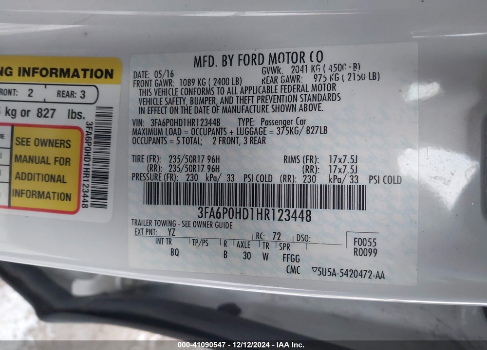 2017 FORD FUSION VIN: 3FA6P0HD1HR123448