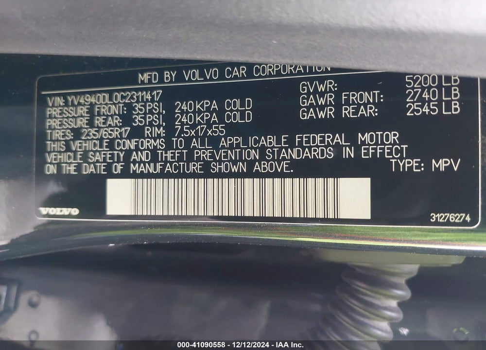 2012 VOLVO XC60 3.2/3.2 PLATINUM/3.2 PREMIER/3.2 PREMIER PLUS VIN: YV4940DL0C2311417