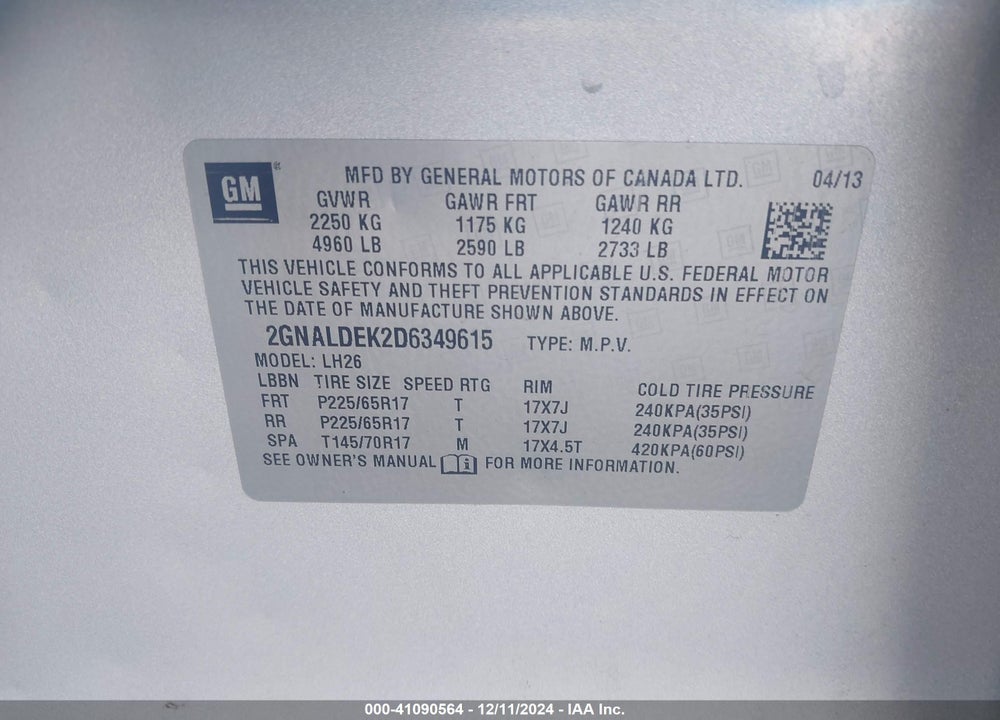2013 CHEVROLET EQUINOX 1LT VIN: 2GNALDEK2D6349615