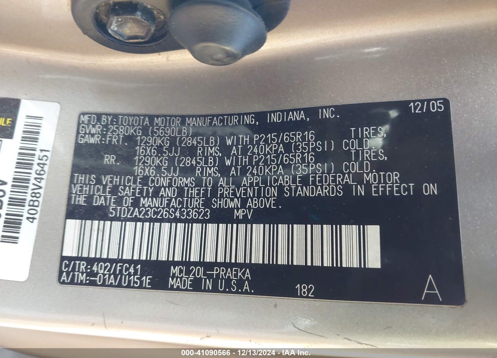 2006 TOYOTA SIENNA LE VIN: 5TDZA23C26S433623