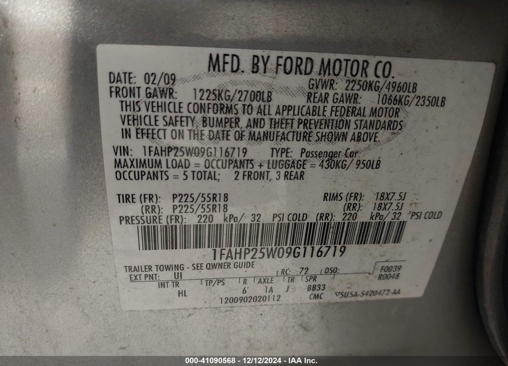 2009 FORD TAURUS LIMITED VIN: 1FAHP25W09G116719