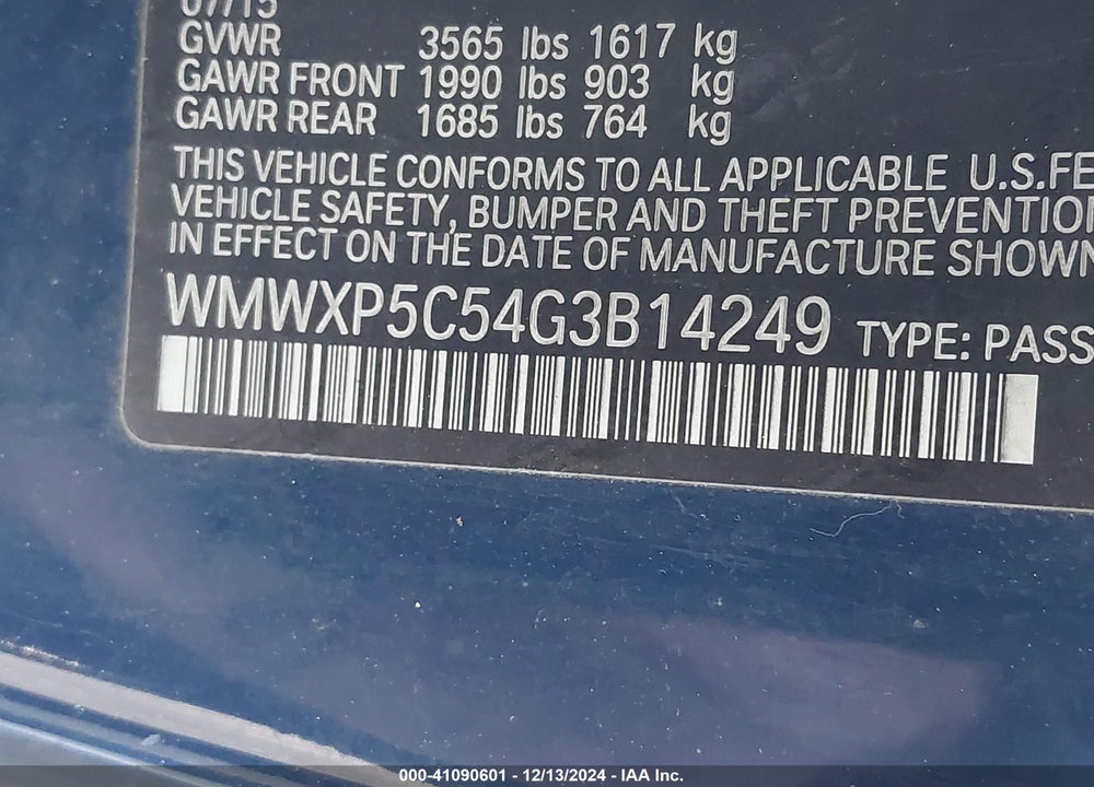 2016 MINI HARDTOP VIN: WMWXP5C54G3B14249