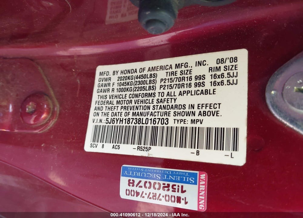 2008 HONDA ELEMENT EX VIN: 5J6YH18738L016703