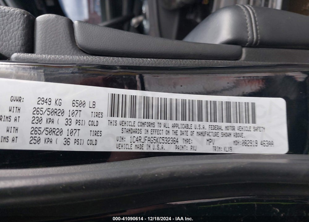 2019 JEEP GRAND CHEROKEE ALTITUDE 4X4 VIN: 1C4RJFAG5KC532364