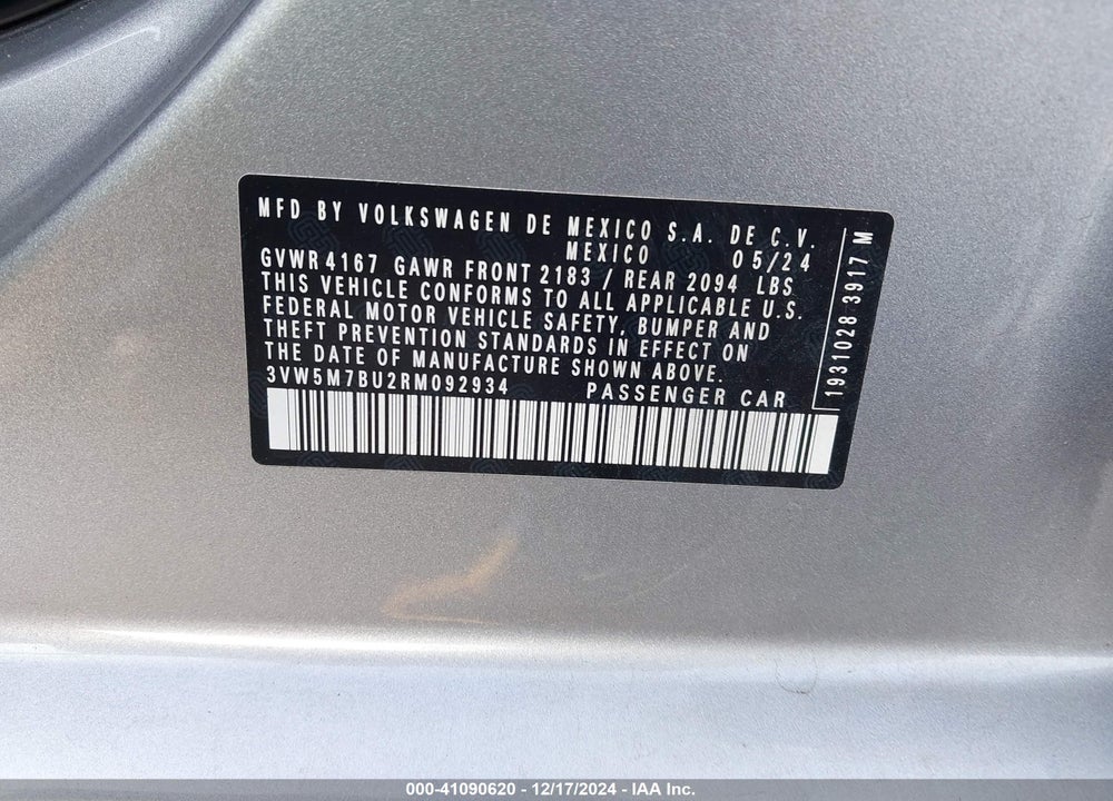 2024 VOLKSWAGEN JETTA 1.5T S VIN: 3VW5M7BU2RM092934