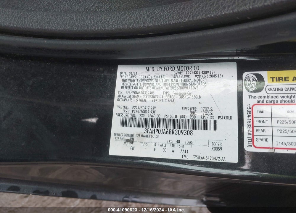 2011 FORD FUSION VIN: 3FAHP0JA6BR309308