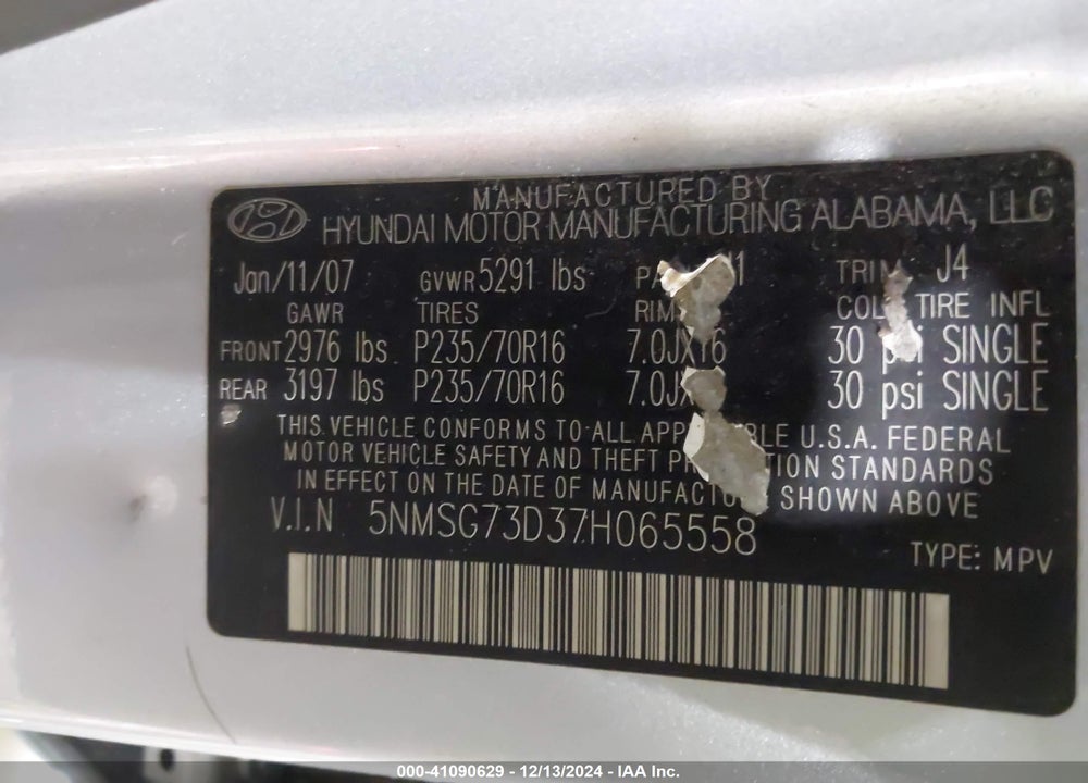 2007 HYUNDAI SANTA FE GLS VIN: 5NMSG73D37H065558