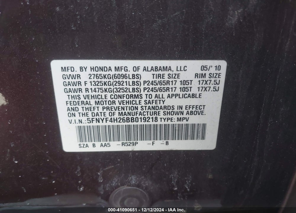 2011 HONDA PILOT LX VIN: 5FNYF4H26BB019218