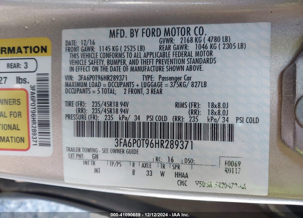 2017 FORD FUSION SE VIN: 3FA6P0T96HR289371