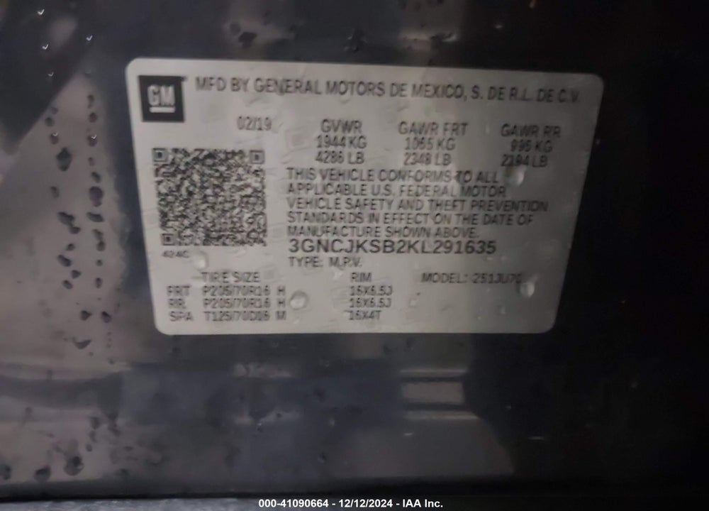 2019 CHEVROLET TRAX LS VIN: 3GNCJKSB2KL291635