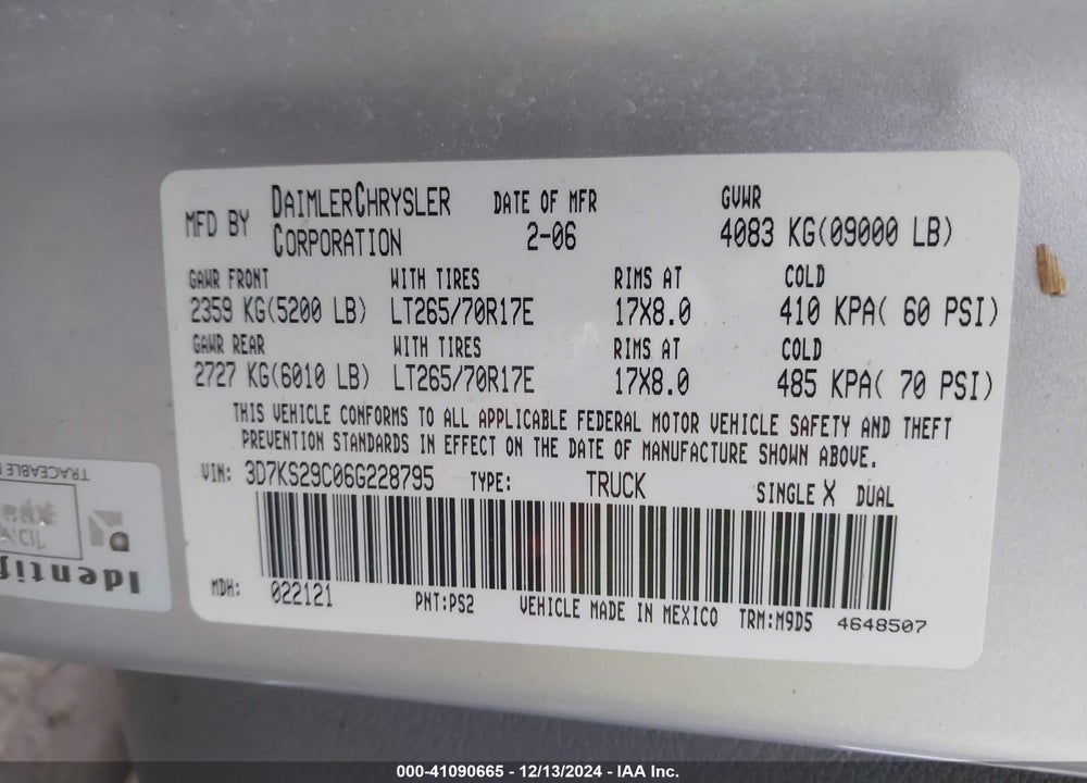 2006 DODGE RAM 2500 VIN: 3D7KS29C06G228795