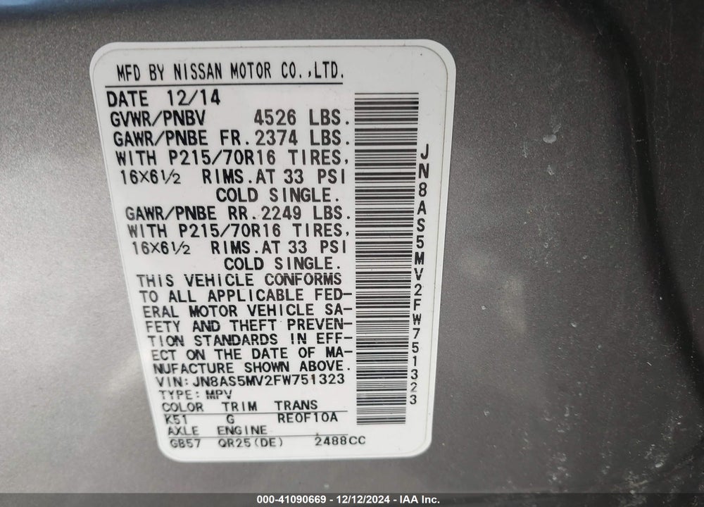 2015 NISSAN ROGUE SELECT S VIN: JN8AS5MV2FW751323