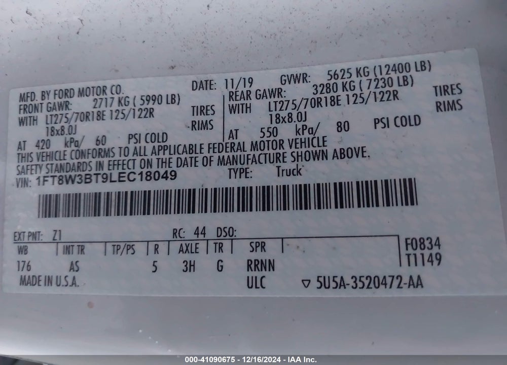 2020 FORD F-350 XL VIN: 1FT8W3BT9LEC18049