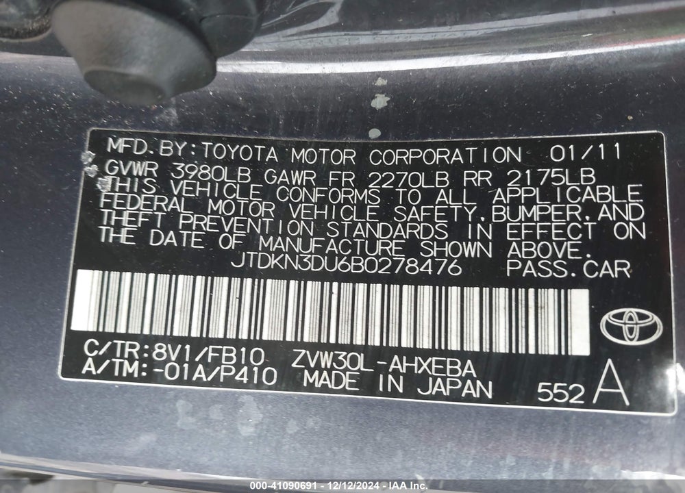 2011 TOYOTA PRIUS TWO VIN: JTDKN3DU6B0278476
