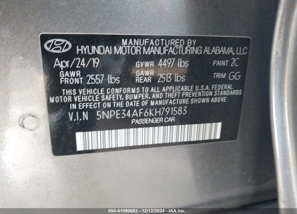 2019 HYUNDAI SONATA VIN: 5NPE34AF6KH791583