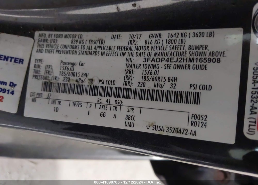 2017 FORD FIESTA SE VIN: 3FADP4EJ2HM165908
