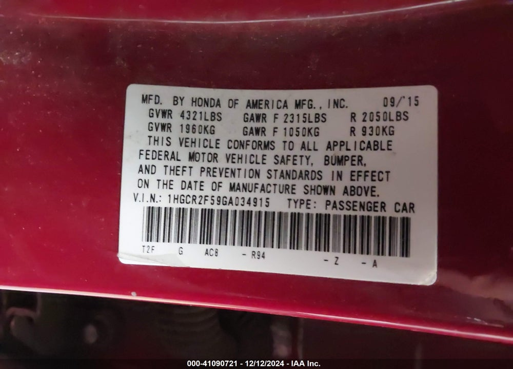 2016 HONDA ACCORD VIN: 1HGCR2F59GA034915