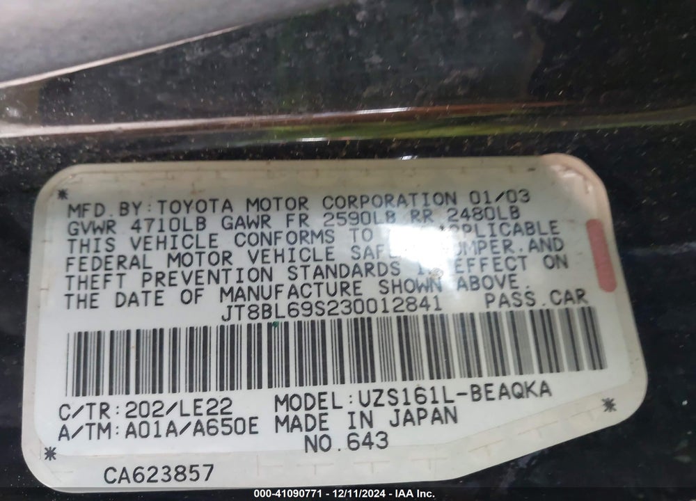 2003 LEXUS GS 430 VIN: JT8BL69S230012841
