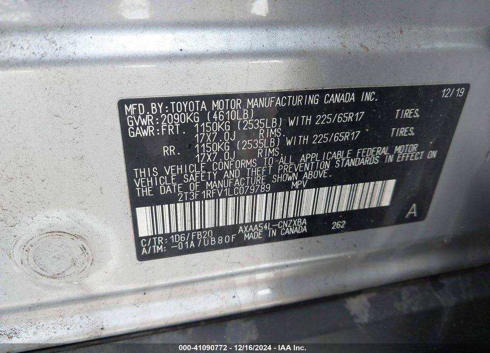 2020 TOYOTA RAV4 LE VIN: 2T3F1RFV1LC079789