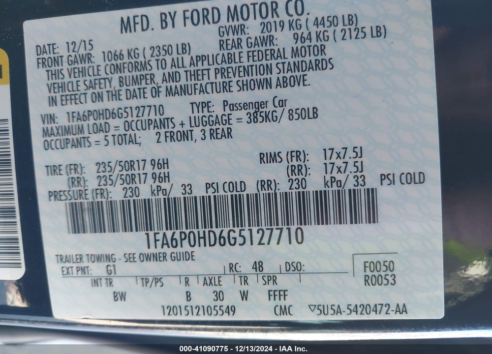 2016 FORD FUSION SE VIN: 1FA6P0HD6G5127710