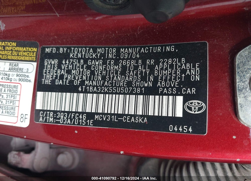 2005 TOYOTA CAMRY SE V6 VIN: 4T1BA32K55U507381