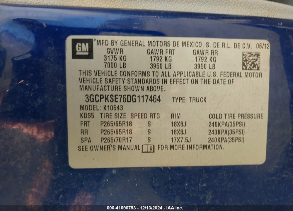 2013 CHEVROLET SILVERADO 1500 VIN: 3GCPKSE76DG117464