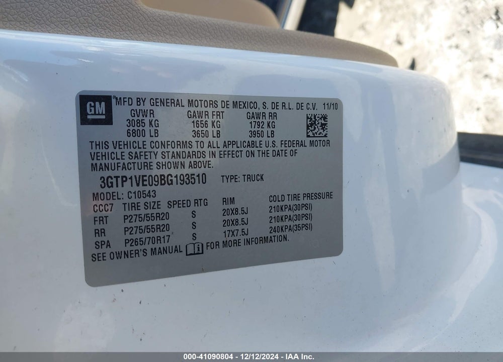 2011 GMC SIERRA 1500 SLE VIN: 3GTP1VE09BG193510