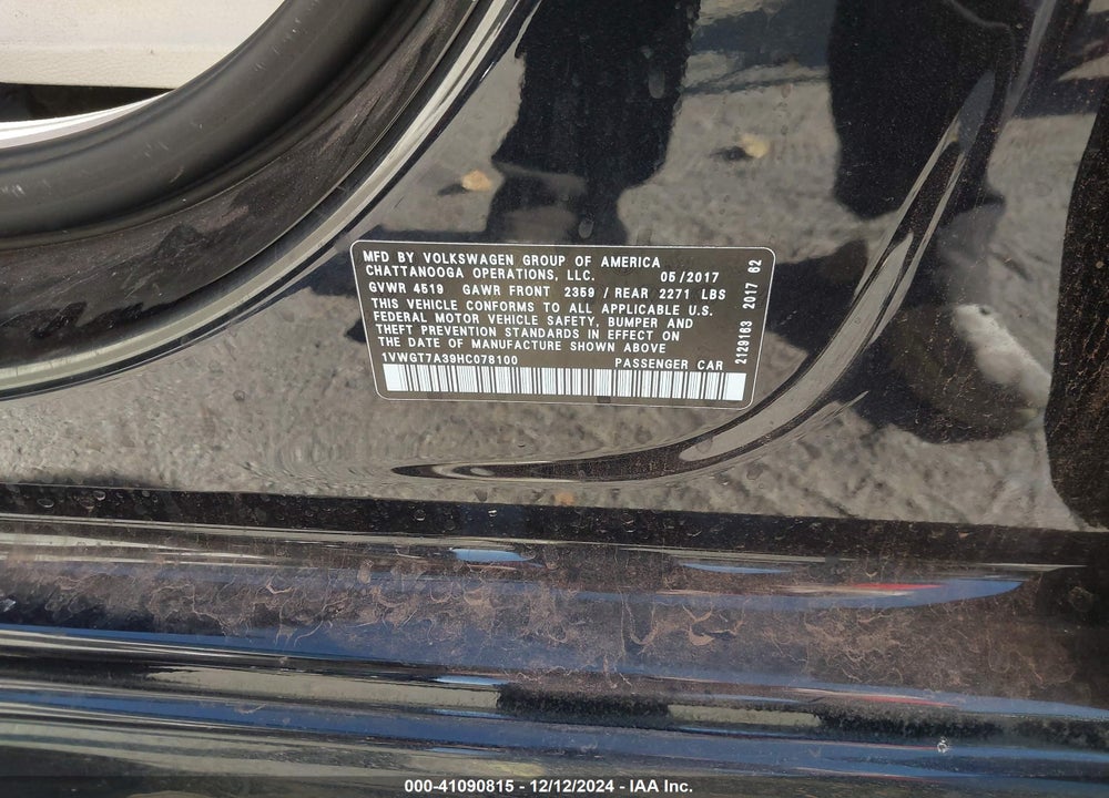 2017 VOLKSWAGEN PASSAT VIN: 1VWGT7A39HC078100