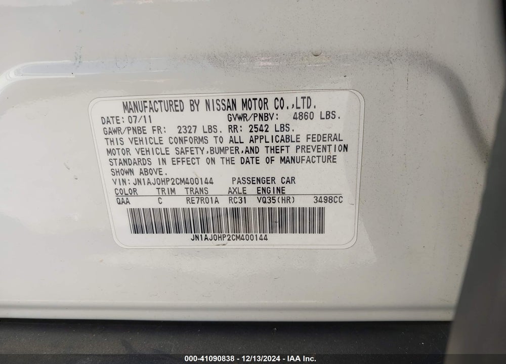 2012 INFINITI EX35 JOURNEY VIN: JN1AJ0HP2CM400144