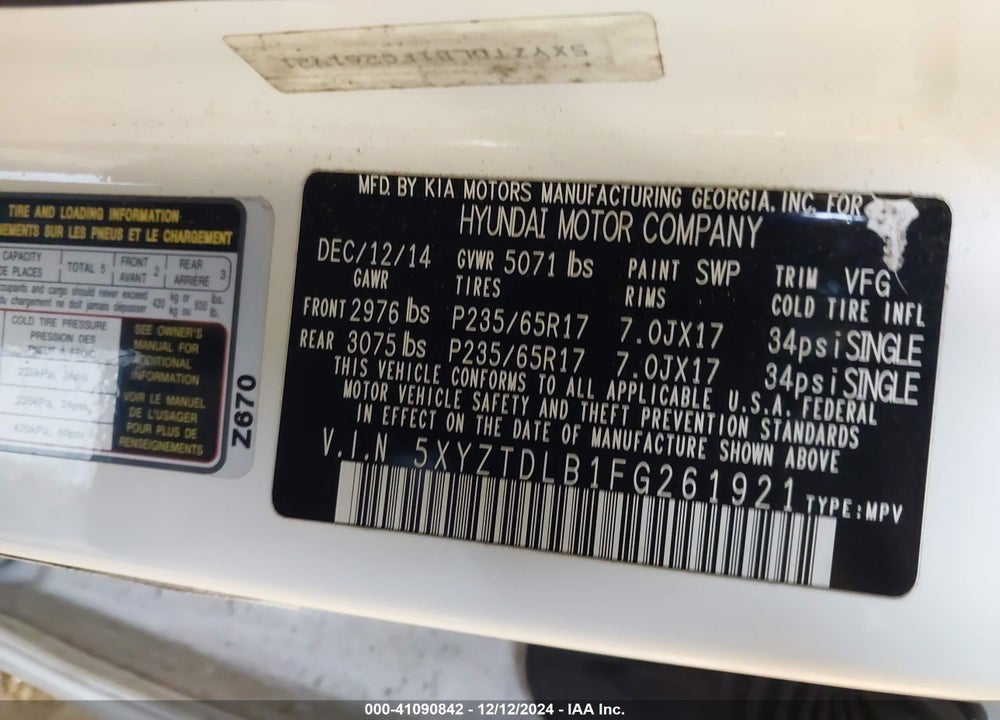 2015 HYUNDAI SANTA FE SPORT 2.4L VIN: 5XYZTDLB1FG261921