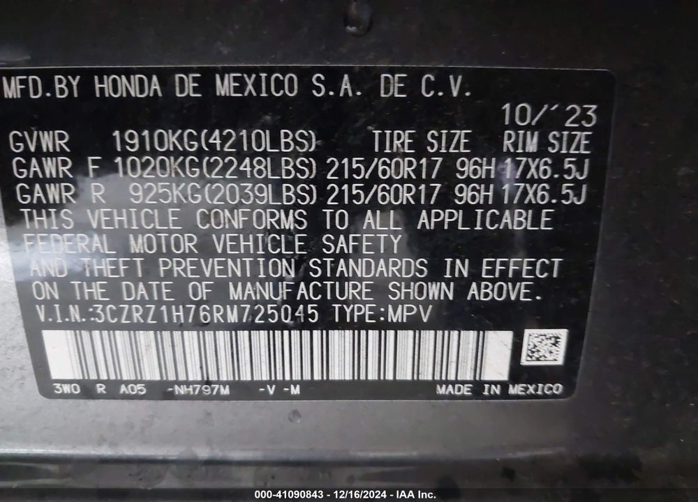 2024 HONDA HR-V 2WD EX-L/2WD EX-L W/O BSI VIN: 3CZRZ1H76RM725045