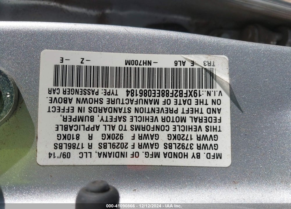 2014 HONDA CIVIC EX VIN: 19XFB2F88EE086184