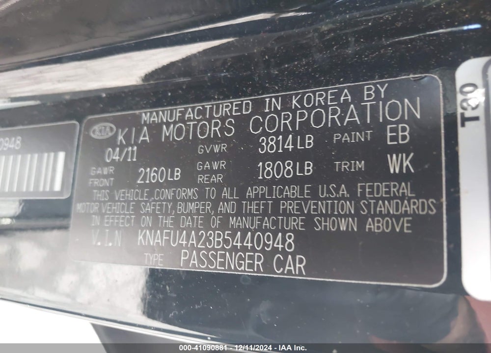 2011 KIA FORTE EX VIN: KNAFU4A23B5440948
