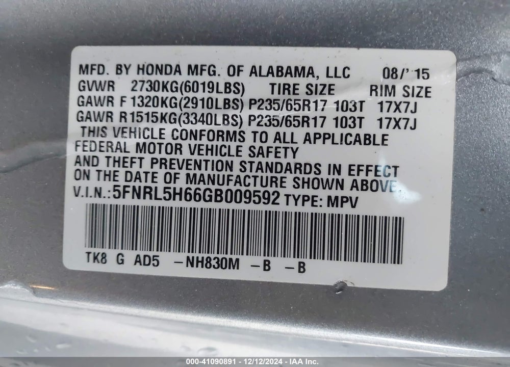 2016 HONDA ODYSSEY EX-L VIN: 5FNRL5H66GB009592