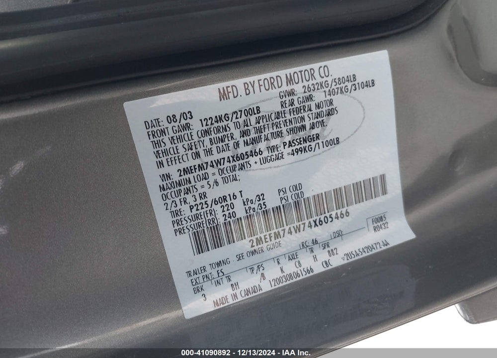 2004 MERCURY GRAND MARQUIS GS VIN: 2MEFM74W74X605466