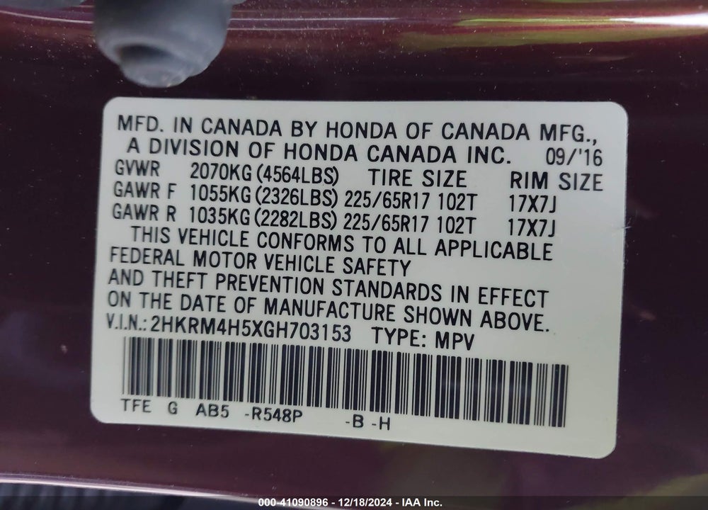 2016 HONDA CR-V EX VIN: 2HKRM4H5XGH703153