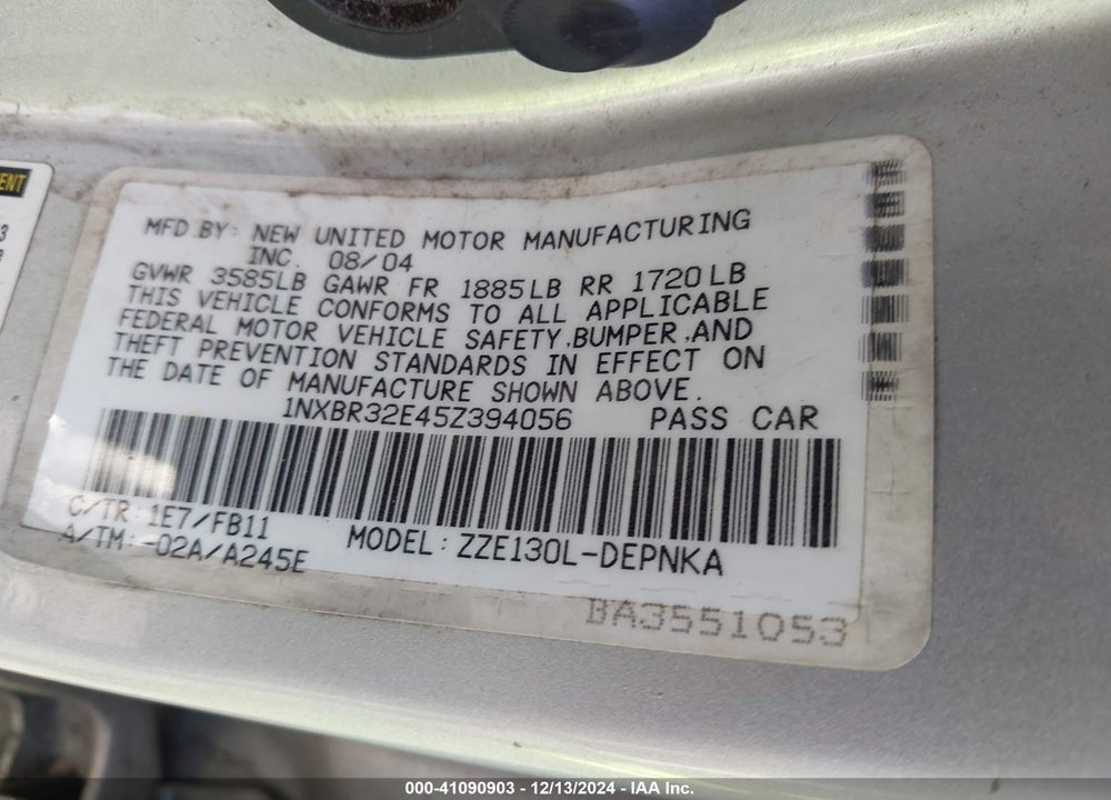 2005 TOYOTA COROLLA LE VIN: 1NXBR32E45Z394056
