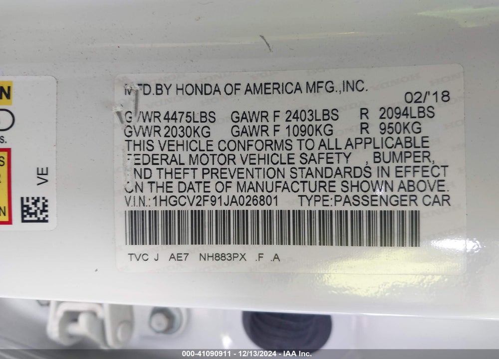 2018 HONDA ACCORD TOURING 2.0T VIN: 1HGCV2F91JA026801
