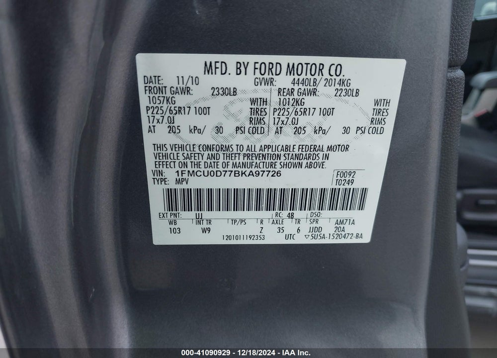 2011 FORD ESCAPE XLT VIN: 1FMCU0D77BKA97726